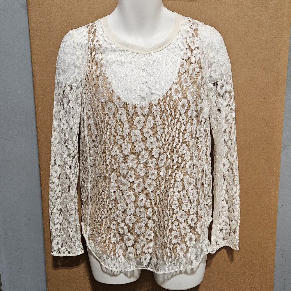 NWT Chloe Flower Print Lace Sheer White Longsleeve Blouse Undershirt 38 FR 6 US
